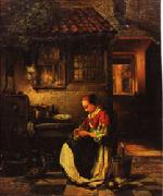 Henri Leys Woman Plucking a Chicken in a Courtyard oil